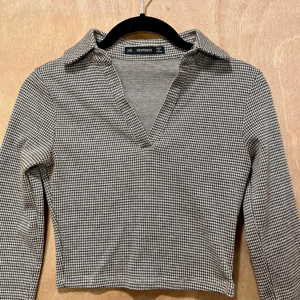Hesperus Crop Top Women’s Size XS Collared Houndstooth Long Sleeve Brown Tan